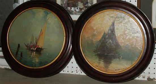 W E Hudson, Fishing boats of the coast, oil on panel, tondo and companion piece, a pair